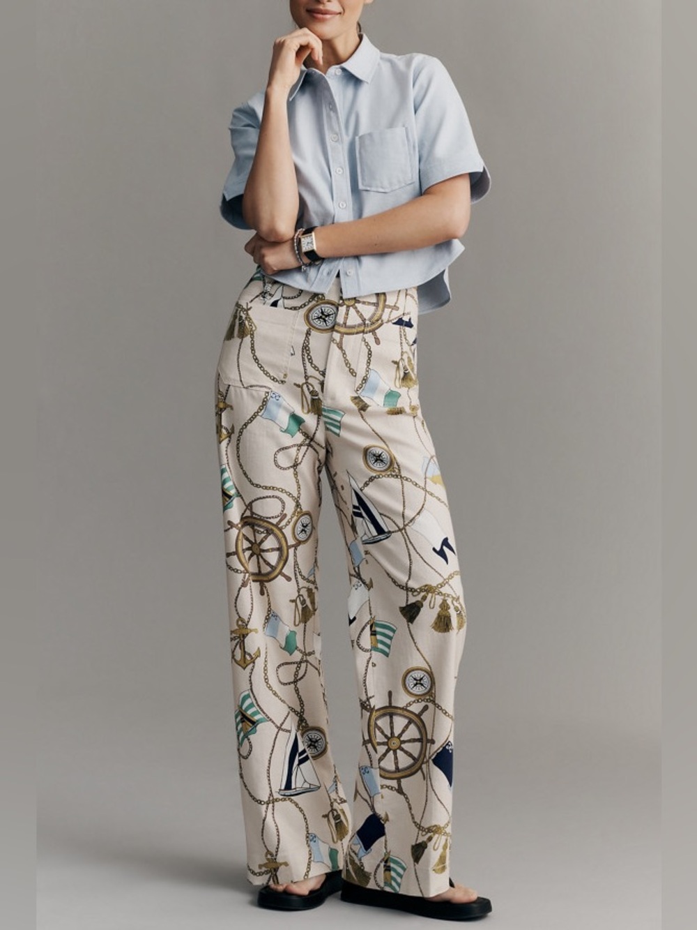 Anthropologie Maeve Colette Wide-Leg Linen Pants Nautical Sailboat Print Size 27